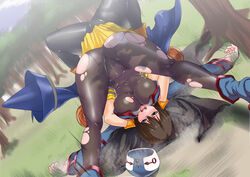 2girls alena_(dq4) ass black_hair black_legwear bob_cut bodysuit boots breasts brown_hair chloe_valens clothing crossover dragon_quest dragon_quest_iv dragon_suplex female flexible hat huge_breasts kupala kupala_(artist) large_breasts latex multiple_girls panties panties_under_pantyhose pantyhose short_hair skin_tight suplex tales_of_(series) tales_of_legendia torn_clothes tree underboob underwear upside-down wrestling