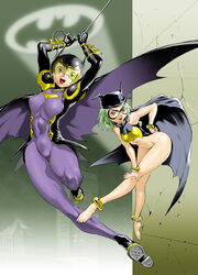 :p abs anklet anklets bare_shoulders barefoot batgirl batman_(series) batmite bodysuit bottomless bracelet breasts cameltoe cape dc erect_nipples feet ffnf flat_chest green_eyes green_hair hat helmet jewelry legs leotard mask midriff multiple_girls muscle navel nipples noq noukyuu open_mouth rule_63 see-through shoes skin_tight smile sneakers spandex thighs tongue unitard yellow_eyes