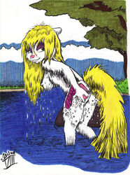 animaniacs anthro ass beiro breasts closed_mouth color day eyeshadow female female_only fur furry furry_breasts furry_tail hair looking_back minerva_mink mink nude open_eyes outdoors pink_nose side_view solo tail water wet white_fur yellow_fur yellow_hair