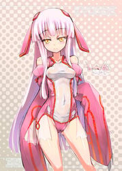 blush cameltoe costume erect_nipples highres homura_subaru humanized_pokemon kyogre kyogre_(cosplay) long_hair moemon naughty_face nintendo nipples personification pink_hair pokemon see-through swimsuit yellow_eyes