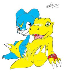 agumon brown_eyes c0nnerc00n color digimon female fingering green_eyes interspecies open_eyes sexless veemon vulva