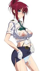 belt blue_eyes blue_panties cum cum_on_body cum_on_clothes cum_on_lower_body female folded_ponytail gloves kiiro_no_nantoka midriff miniskirt necktie nipples panties rail_wars! red_hair sakurai_aoi see-through skirt skirt_lift solo underwear uniform wet white_gloves