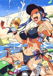 3girls ;p baba_(ojamajo_doremi) baseball_cap beach beer bikini blonde_hair blue_hair blush bottle breasts can cirima cleavage crossed_legs curvaceous drunk fairy female hat human lala_(ojamajo_doremi) large_breasts legs_crossed light-skinned_female light_skin long_hair messy minigirl multiple_girls ojamajo_doremi one-piece_swimsuit open_mouth orihime_(ojamajo_doremi) outdoors partially_submerged pink_hair retro sandals sexually_suggestive side-tie_bikini sitting sky solo_focus spill spread_legs straw sunglasses sunglasses_removed swimsuit tongue very_long_hair volvox wink witch_hat wristband