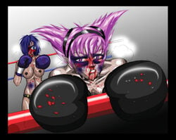 1girls black_boxing_gloves black_gloves blood blue_eyes boxing boxing_gloves boxing_ring bruised_eyes bruised_face bruises dc dc_comics dcau female female_only gloves hair_between_eyes hair_over_one_eye half-closed_eyes indigo_boxing_gloves indigo_gloves indigo_hair jinx_(dc) mouthguard panties pink_eyes pink_hair pointy_ears pugilismx rachel_roth raven_(dc) shiny_hair smooth_skin teen_titans topless topless_boxing violence