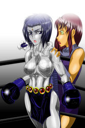 00s 2000s 2girls black_boxing_gloves black_gloves blue_eyes blue_hair boxing boxing_gloves boxing_ring breasts cartoon_network clothing dc dc_comics fully_clothed gloves hand_on_shoulder loincloth long_hair mostly_nude mouthguard multiple_girls nipples open_mouth pelvic_curtain pugilismx rachel_roth raven_(dc) short_hair skirt starfire straight_hair sweat teen_titans toonami topless topless_boxing towel_around_neck yellow_eyes