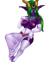 big_breasts blue_eyes breasts green_hair hair lingerie purple_skin world_of_warcraft ysera