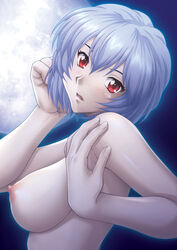 1girls blue_hair blush breasts bust female gainax hair human large_breasts moon neon_genesis_evangelion nude pale-skinned_female pale_skin red_eyes rei_ayanami short_hair solo topless uninigumi