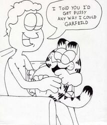 2boys anal_sex animal_genitalia bestiality cat chubby closed_eyes domestic_cat duo english_text erection feline feline_penis fur garfield_(series) garfield_the_cat gay happy_sex human human_on_feral humor implied_anal implied_penetration interspecies jon_arbuckle large_dom_small_sub large_penetrating_small male male_nipples male_only mouth_open multiple_males nude on_chair pleasure_face pun sitting size_difference speech_bubble tail text yaoi zoophilia