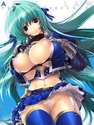 1girls areolae armor asuru azul_(armor) beltbra blue_legwear blue_thighhighs blush breast_suppress breasts bursting_breasts capcom cleavage female garter_belt green_hair hair_ribbon huge_breasts long_hair midriff miwa_yoshikazu monster_hunter monster_hunter_frontier navel nipples panties pleated_skirt purple_eyes ribbon skirt solo thighhighs underwear upskirt wedgie white_panties