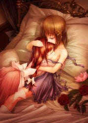 apron bed braid breast_sucking breasts brown_hair female flat_chest flower hayate_yagami highres hug human lyrical_nanoha mahou_shoujo_lyrical_nanoha mahou_shoujo_lyrical_nanoha_a's mahou_shoujo_lyrical_nanoha_strikers multiple_girls mutual_yuri pillow red_hair ribbon rose tear twin_braids vita yuri