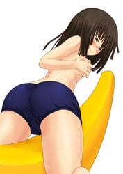 1girls banana_boat bloomers blush breast_hold breasts brown_hair buruma covering covering_breasts female from_behind girl_on_banana looking_back mend monogatari_(series) saitou_kouichi sengoku_nadeko short_hair solo topless