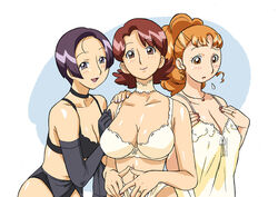 3girls arm_hug atsuko_okamura black_bra black_panties blush bra breast_suppress breasts chemise choker cirima cleavage curly_hair curvaceous elbow_gloves female gloves haruka_harukaze housewife human jewelry large_breasts light-skinned_female light_skin lineup lingerie long_hair looking_down married_woman milf mother multiple_girls nail_polish necklace ojamajo_doremi orange_eyes orange_hair panties ponytail purple_eyes purple_hair red_eyes red_hair reiko_fujiwara ring short_hair smile sweatdrop tied_hair underwear underwear_only volvox wedding_band wedding_ring white_bra white_panties