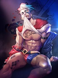 1boy abs batman_(series) dc dc_comics fishnet_stockings genderswap genderswap_(ftm) harley_quinn lifting_shirt male male_only muscular muscular_male nipples rule_63 short_shorts silverjow solo stockings suicide_squad