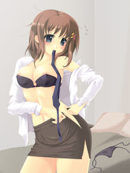 bed blue_eyes bra brown_hair dress_shirt female frapowa hair_ornament hayate_yagami highres human lingerie lyrical_nanoha mahou_shoujo_lyrical_nanoha mahou_shoujo_lyrical_nanoha_strikers messy_hair miniskirt mouth_hold necktie nipple_slip nipples no_panties shirt skirt underwear