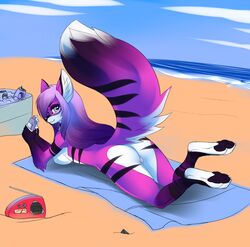 1girls 2014 anthro beach blanket canine female female_only fox fur furry furry_only mammal nude pink_fur pussy radio sea seaside selene_leni sif_(artist) solo water wwaxyy