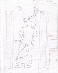 anthro back_view canine coyote fur furry indoors loonatics_unleashed male male_only mammal monochrome shower shower_head solo standing tail tech_e._coyote topless towel