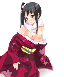 black_hair breasts female female_only highres human human_only japanese_clothes k-on! kimono long_hair mio_akiyama_(k-on!) nanako_(artist) ponytail scarf solo tied_hair