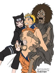 2boys anal crow_(naruto) edi_shota handjob human kankuro male male_only multiple_males naruto penis puppet restrained simple_background tears tentacles_on_male uzumaki_naruto white_background yaoi