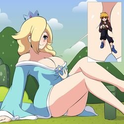 1boy 1girls between_breasts breasts cleavage giantess herretik huge_breasts mario_(series) nintendo panties princess_rosalina size_difference super_mario_bros. thick_thighs