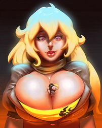 1boy 1girls between_breasts cleavage female giantess huge_breasts jaune_arc larger_female long_hair macro_female male micro_in_cleavage micro_male micro_on_macro person_between_breasts resize resizestuff rwby smaller_male yang_xiao_long yellow_hair