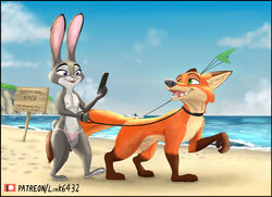 animal_genitalia anthro balls beach bikini bikini_bottom breasts canid canine collar detailed_background dipstick_ears dipstick_tail disney duo female feral feralized flat_chest fox fur genitals gloves_(marking) green_eyes hi_res holding_leash holding_object inner_ear_fluff judy_hopps lagomorph leash leg_markings leporid link6432 looking_back male mammal markings multicolored_body multicolored_ears multicolored_fur multicolored_tail navel nick_wilde nipples nude nude_beach open_mouth open_smile outside penis purple_eyes rabbit seaside sheath sign small_breasts smile socks_(marking) swimsuit swimwear text topless tuft two_tone_body two_tone_fur zootopia