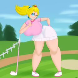 1girls alternate_breast_size blonde_hair blue_eyes clothing crown dannyiac fully_clothed golf_club mario_(series) mario_golf nintendo princess_peach solo