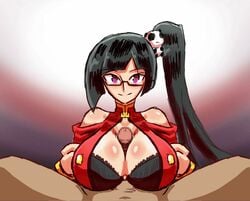 1boy 1girls animated animated_gif black_hair blazblue bra clothing doctor female gif glasses hetero large_breasts litchi_faye_ling long_hair male outercourse paizuri penis ponytail pov straight vkid