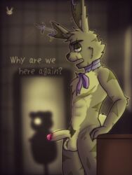 animatronic anthro big_balls bowtie earrings five_nights_at_freddy's five_nights_at_freddy's_3 flaccid flaccid_penis furry green_eyes green_fur hornbunxx looking_at_viewer male male_only rabbit rabbit_ears rabbit_tail robot scar solo springtrap springtrap_(fnaf) text