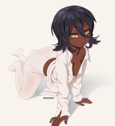 ass black_hair blouse celina(loafd) crawling dark-skinned_female dark_skin female hair_between_eyes on_all_fours pantyhose partially_clothed sandcavern see-through see-through_clothing smile white_legwear white_shirt yellow_eyes