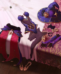 1girls after_sex bed bed_sheet bedroom black_bow black_gloves black_legwear blue_headwear blue_leotard bow cape_removed choker clothes_removed condom condom_wrapper detached_sleeves female female_focus female_only genshin_impact gloves hair_ornament hairbow hat hat_ornament high_heels highres implied_sex indoors leotard mona_(genshin_impact) no_shoes offscreen_sex pantyhose pantyhose_removed pussy_juice_stain star_(symbol) star_choker star_hair_ornament star_hat_ornament used_condom witch_hat wooden_floor yomigaeru