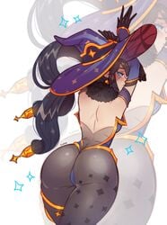 arms_up ass black_hair blue_eyes colored digital_media_(artwork) elbow_gloves female_only genshin_impact heart-shaped_pupils ilewdha long_hair looking_at_viewer looking_back mona_(genshin_impact) simple_background solo solo_female solo_focus stockings tagme thick_thighs witch_hat