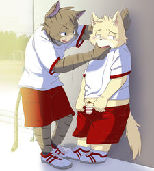 2021 absurd_res anthro blush bottomwear censored clothing detailed_background domestic_cat duo felid feline felis genitals hi_res humanoid_genitalia humanoid_hands humanoid_penis kemono male male/male mammal outside penis shirt shorts siretoko_panda topwear young