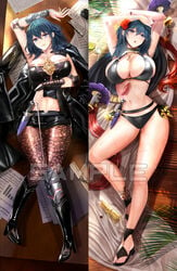 1girls belly belly_button bikini blue_eyes blue_hair blush breasts byleth_(fire_emblem) byleth_(fire_emblem)_(female) byleth_(summer)_(fire_emblem)_(female) choker dakimakura female female_focus female_only fire_emblem fire_emblem:_three_houses fire_emblem_heroes flower flower_in_hair green_hair huge_ass huge_breasts huge_butt human knife large_breasts lying lying_on_back pantyhose sandals sunlight sunscreen sweat swimsuit swimwear table thick_thighs thighs tongari vial voluptuous wet