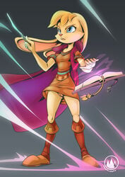 2020 activision anthro bianca_(spyro) blue_eyes book cape clothed clothing digital_media_(artwork) dress exposed female floppy_ears footwear front_view fur genitals gradient_background grey_background hi_res hooded_cape knee_highs lagomorph legwear leporid looking_aside magic_user mammal minidress mysticalpha no_underwear open_mouth plantigrade pussy rabbit shoes signature simple_background solo spellbook spyro_reignited_trilogy spyro_the_dragon standing tan_body tan_fur teeth tongue tunic video_games wand