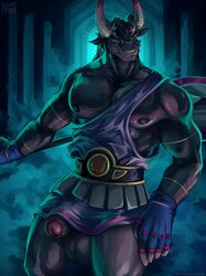 2021 anthro asterius_(hades) balls bovid bovine clothing european_mythology facial_piercing fingerless_gloves genitals gloves greek_mythology hades_(game) handwear horn male male_only mammal minotaur mythology nipples nose_piercing nose_ring nurinaki penis piercing solo supergiant_games