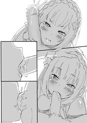 1boy 1girls blush braid crown_braid cute deepthroat elf emilia_(re:zero) fellatio female flower_hair_ornament french_braid fringe gear_art good_girl hair_ornament hand_on_head high_resolution imminent_deepthroat imminent_oral intimate long_hair male monochrome natsuki_subaru oral oral_sex panels penis penis_on_cheek penis_on_face pointy_ears purple_eyes re:zero_kara_hajimeru_isekai_seikatsu saliva saliva_on_penis straight teenager tied_hair uncensored very_high_resolution wavy_mouth white_hair