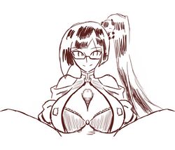 1boy 1girls animated blazblue bra clothing doctor glasses large_breasts litchi_faye_ling outercourse paizuri penis ponytail pov vkid