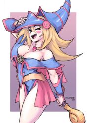 absurdres blonde_hair blush_stickers breasts cleavage dark_magician_girl duel_monster female green_eyes hat highres kolomari large_breasts long_hair one_eye_closed pentacle solo wand wizard_hat yu-gi-oh! yu-gi-oh!_duel_monsters