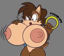 2d alternate_breast_size anthro big_breasts breast_expansion breasts brown_fur brown_hair color female female_only furry huge_breasts hyper_breasts large_breasts nipples power_ring sally_acorn sega sonic_(series) vest wankerscramp