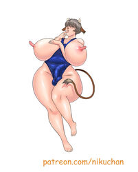 animal_humanoid balls big_breasts bovid bovid_humanoid bovine bovine_humanoid breasts bulge clothing ear_piercing ear_ring erect_nipples facial_piercing futa_only futanari genitals grey_hair gynomorph hair hair_over_eyes hi_res horn humanoid intersex long_nipples mammal mammal_humanoid nikuyoku nipples nose_piercing nose_ring one-piece_swimsuit piercing simple_background solo swimwear text url