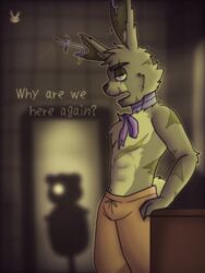 animatronic anthro bowtie earrings five_nights_at_freddy's five_nights_at_freddy's_3 furry green_eyes green_fur hornbunxx looking_at_viewer male male_only pants rabbit rabbit_ears rabbit_tail robot scar solo springtrap springtrap_(fnaf) text