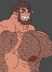 abs arm_hair bara beard body_hair chest_hair facial_hair gay heart hyper hyper_muscles looking_to_the_side male male_only monster_prom muscles muscular muscular_male nipples nude remert scott_howl sharp_teeth side_view smile smiling solo spiky_ears werewolf