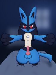 absurd_res animal_genitalia animal_penis anthro balls bed blush bodily_fluids canine_penis e621netuser extended_arms first_person_view furniture genital_fluids genitals hi_res kneeling looking_at_viewer lucario male male_only nintendo penis pokemon pokemon_(species) precum solo video_games