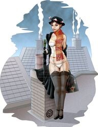 1girls bra chimney clothing deviantart disney edwardian female female_only garter_straps hat looking_at_viewer mary_poppins mary_poppins_(character) offworldtrooper panties partially_clothed rooftop standing stockings umbrella white_bra white_panties