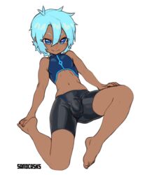 1boy blue_eyes blue_hair bulge cecil_(loafd) clothed clothing dark-skinned_femboy dark-skinned_male dark_skin femboy human male male_only partially_clothed sandcavern skin_tight smile solo spandex tight_clothing toned toned_male