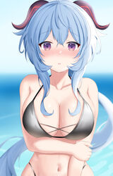 absurdres blue_hair breasts cleavage ganyu_(genshin_impact) genshin_impact goat_horns highres horns large_breasts looking_at_viewer swimsuit zim-o_(2cy520)