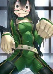 1girls asdj black_eyes black_hair blush breasts female female_only froppy gloves hero_outfit_(mha) my_hero_academia solo spread_legs tagme tongue tongue_out tsuyu_asui uniform