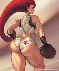 1girls ass big_ass big_breasts breasts bubblebadassbutts dat_ass earrings eye_contact female female_only human human_only jessie_(pokemon) long_hair looking_at_viewer looking_back minishorts muscular_female pokemon pokemon_(anime) red_hair shorts solo sports_bra standing team_rocket thick_ass thick_thighs thighs thunder_thighs