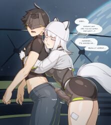1boy 1futa 1girls arknights arknights:_endfield black_bodysuit breast_press cat_ears cat_girl cat_tail endministrator_(arknights:_endfield) english_text erection_under_clothes estella_(arknights:_endfield) futa_on_male futanari hat horny hug hug_from_behind large_ass large_breasts large_penis male_endministrator_(arknights:_endfield) skin_tight sulcate testicles