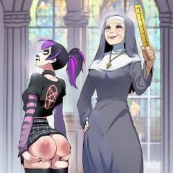 nun ai_generated goth gothic 2girls female female/female female_only skirt black_hair purple_hair ass spanking spanked spanked_ass height_difference age_difference mature_female looking_back arched_back church